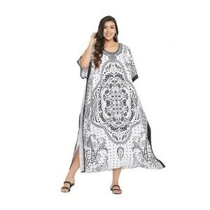Gypsie Blu Kaftan Maxi Dress Black White Flowy Knit Kimono Sleeves OS